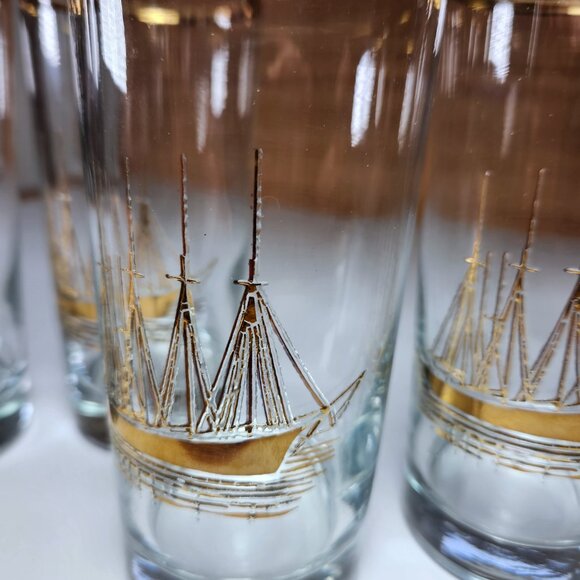 Vintage Schooner Ship Highball Glasses Gold Embossed Mid Century Barware - Picture 5 of 11